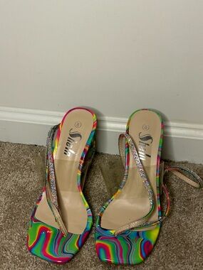 SHEIN Neon Multicolor Swirl Rhinestone-Strap Heels Size 8